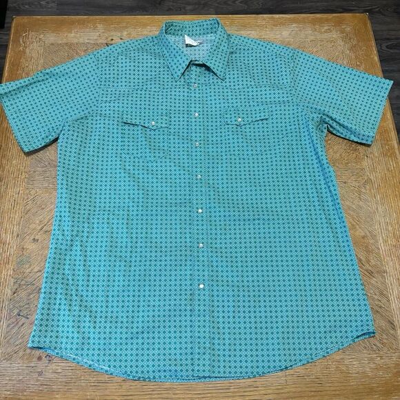 Wrangler Wrancher Shirt Pearl Snap Short Sleeve Mens 2XLT Tall Green Diamond - Picture 1 of 5